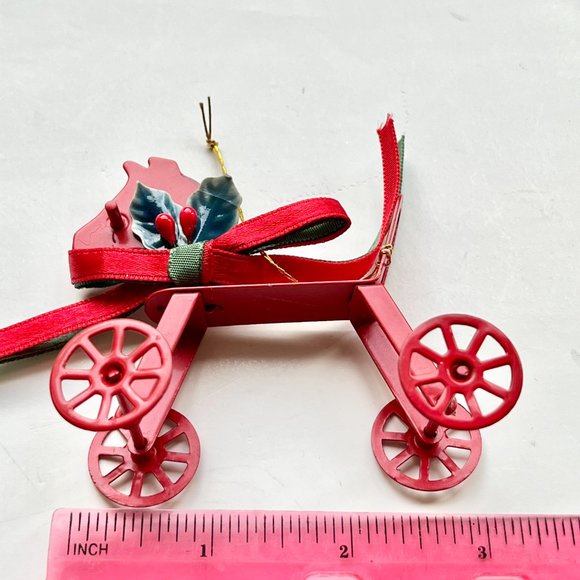 Vintage Rocking Horse Christmas Tree Ornament Red Diecast Metal Holly Taiwan - Picture 8 of 9